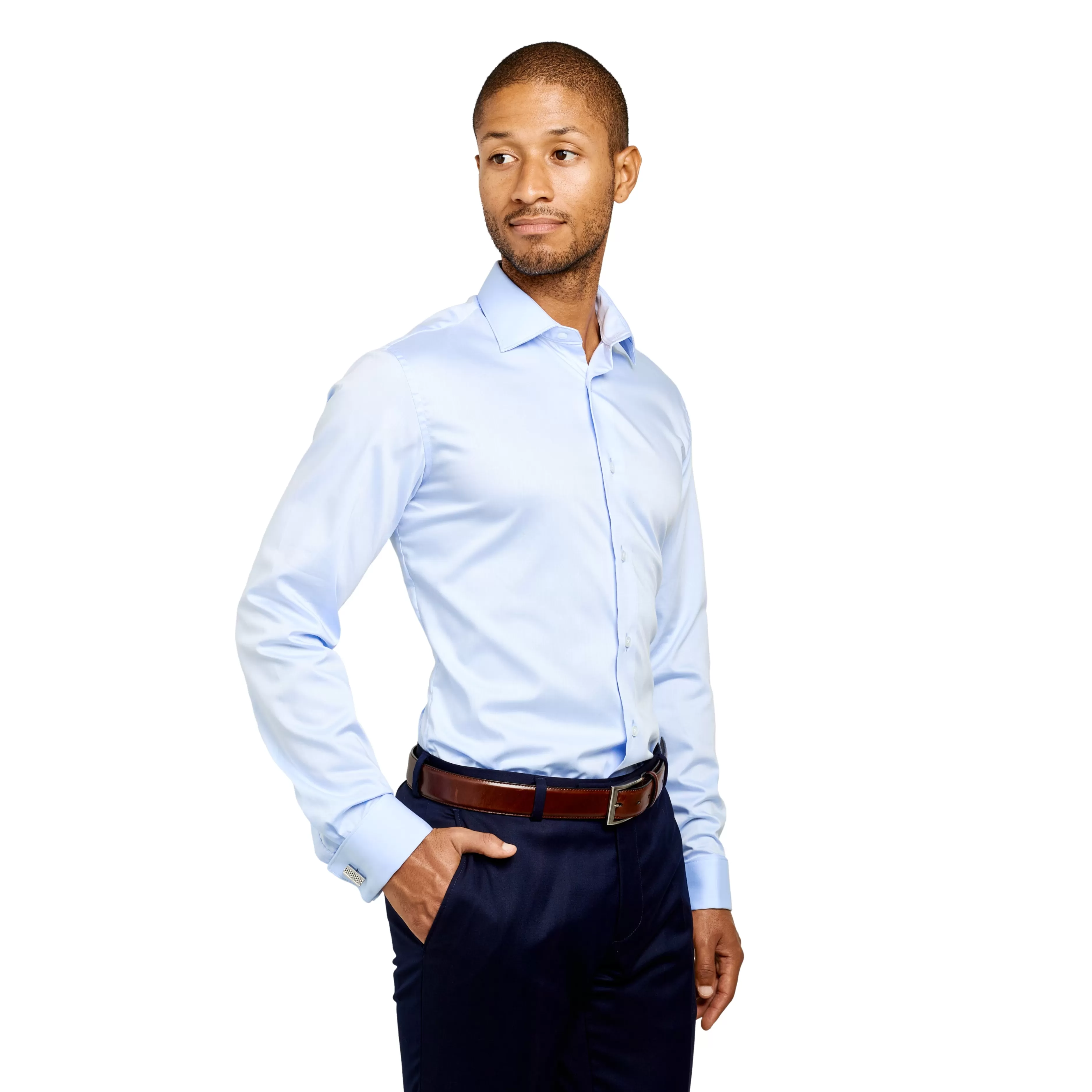 LodinG Chemise slim fit bleu sans repassage 100% coton poignet mousquetaire Ciel Sale