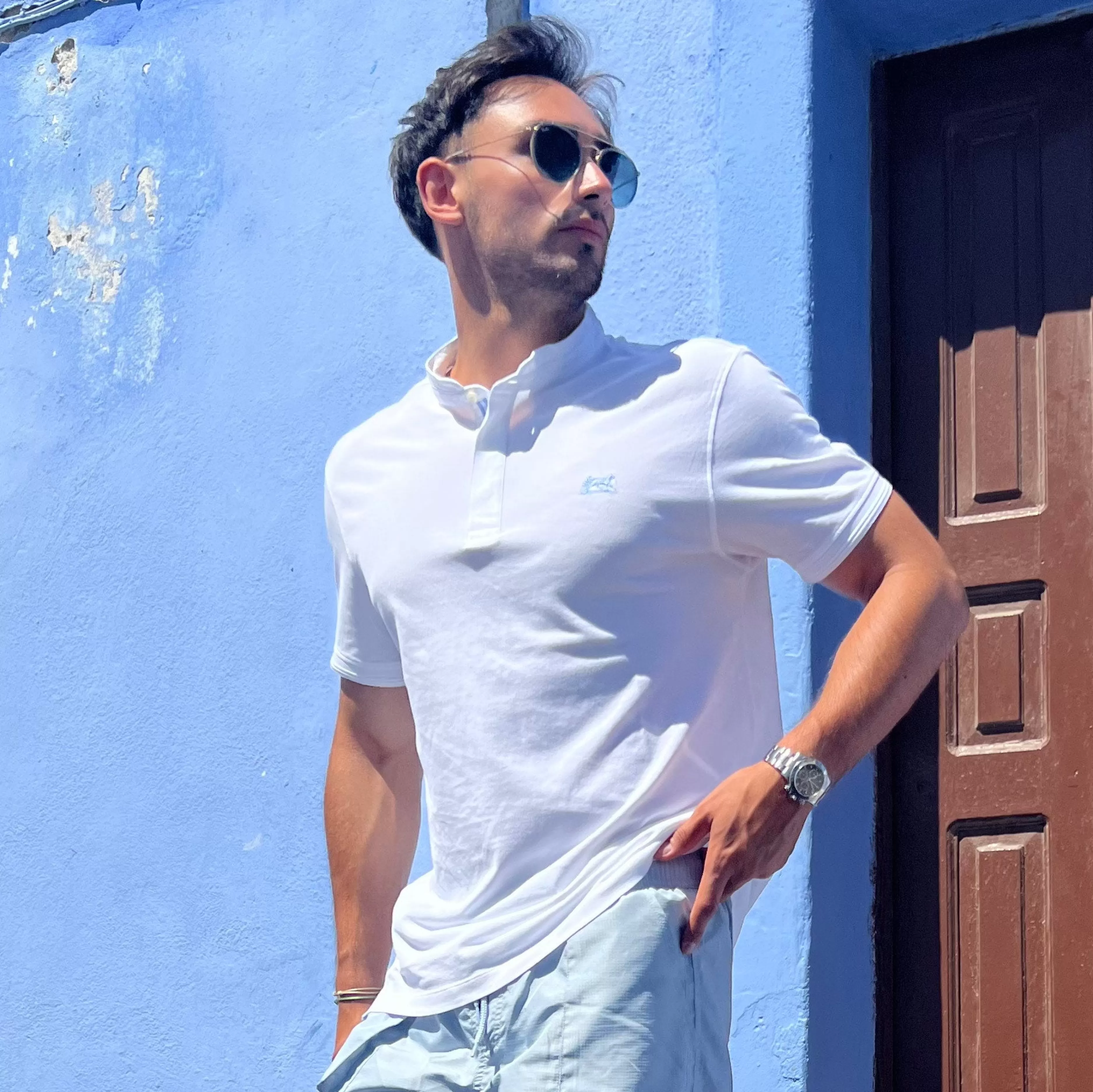 LodinG Polo col Mao 100 % coton Blanc Outlet