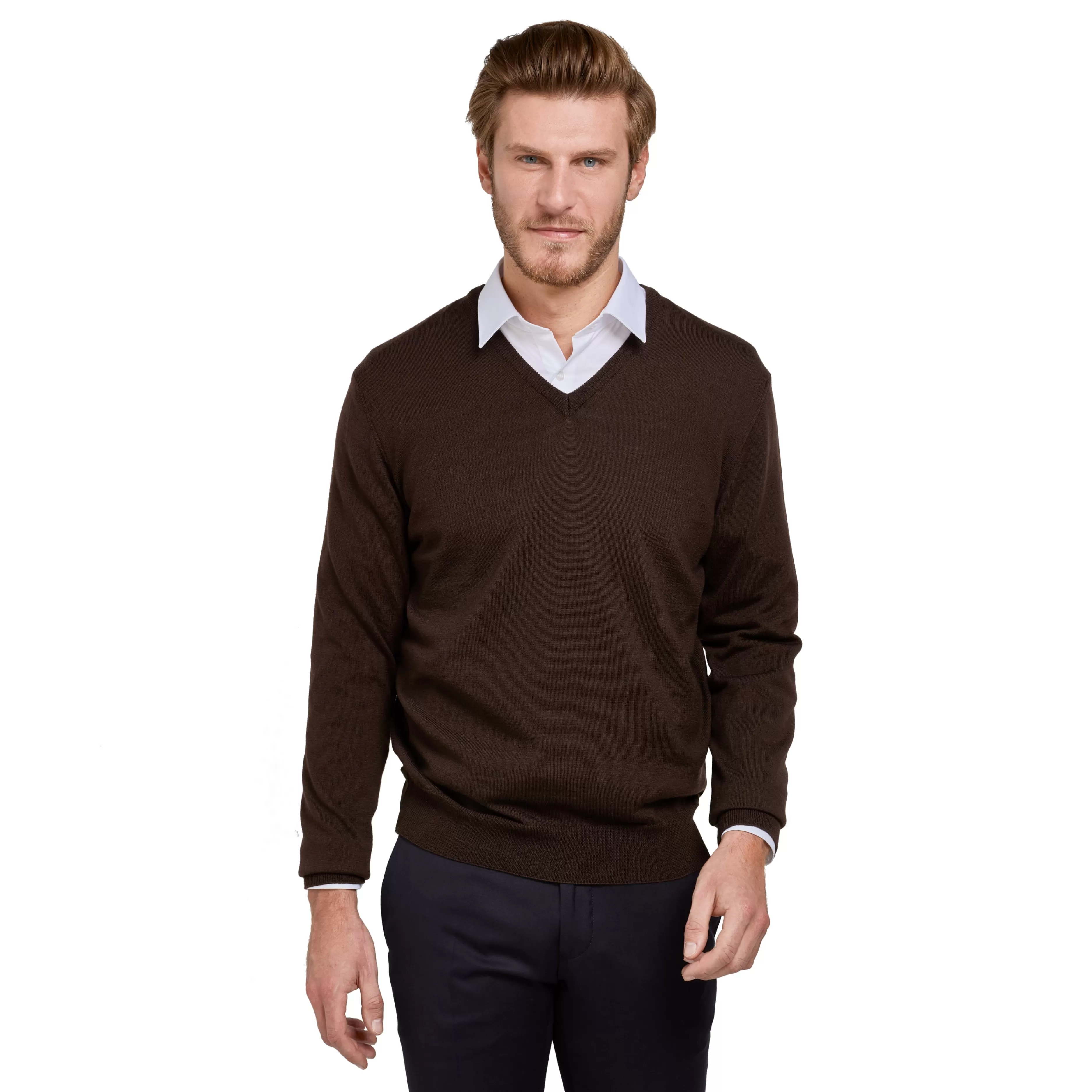 LodinG Pull col v 100% pure laine Mérinos Marron Cheap